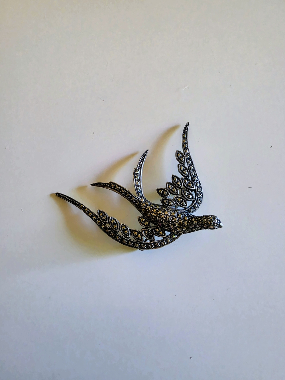 Vintage-Inspired Silver Marcasite Swallow Brooch - Elegant Bird Pin